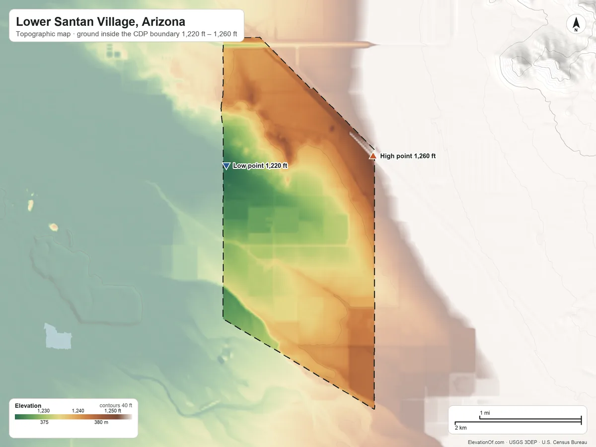 Topographic elevation map of Lower Santan Village, Arizona, shaded from 1,220 ft on the west side to 1,260 ft at the foot of the Sacaton Mountains