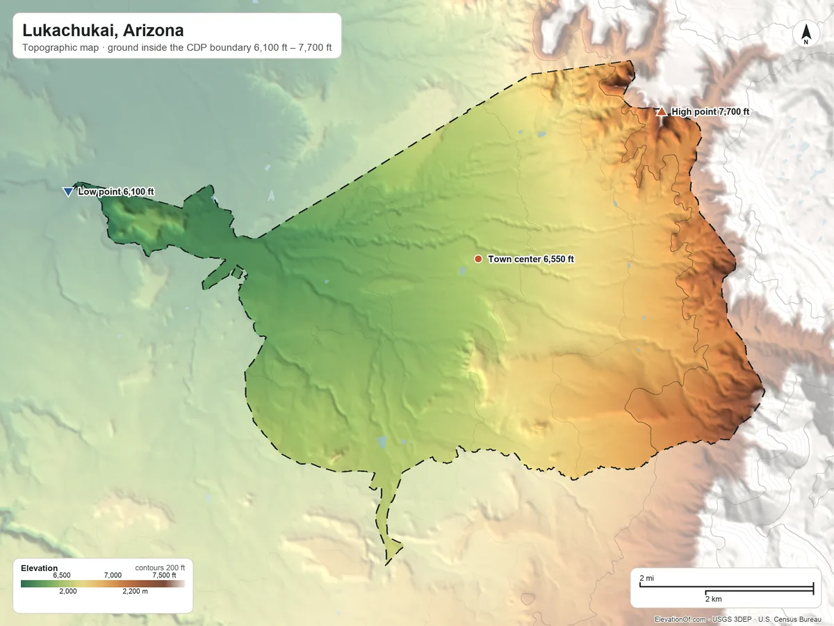 Topographic elevation map of Lukachukai, Arizona, shaded from 6,100 ft on the west side to 7,700 ft at the foot of the Lukachukai Mountains