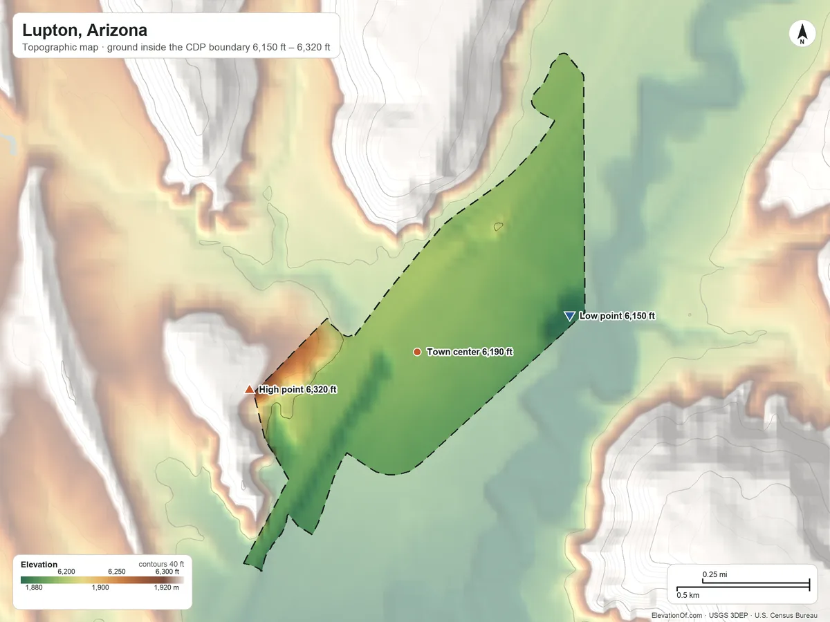 Topographic elevation map of Lupton, Arizona, shaded from 6,150 ft on the east side to 6,320 ft on the west edge, below higher ground just outside