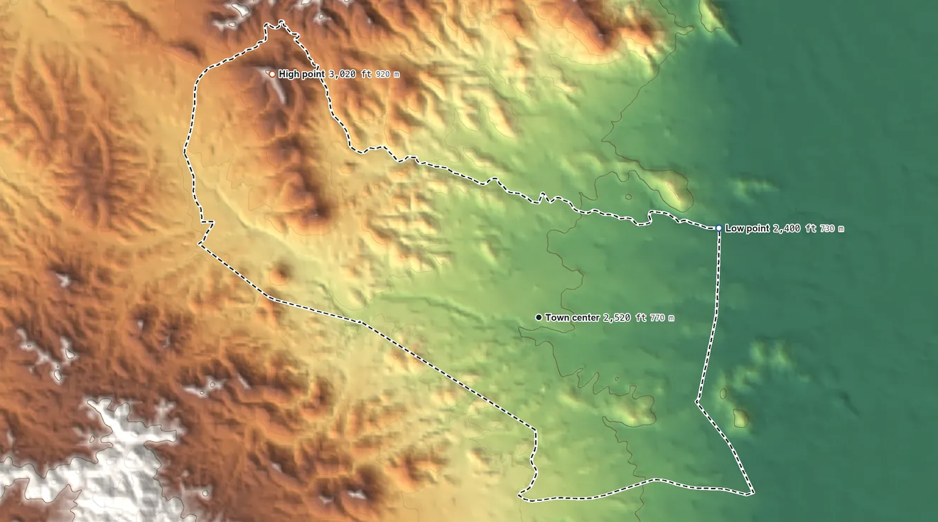 Topographic elevation map of Maish Vaya, Arizona, shaded from 2,400 ft on the northeast side to 3,020 ft at the foot of the Sierra Blanca