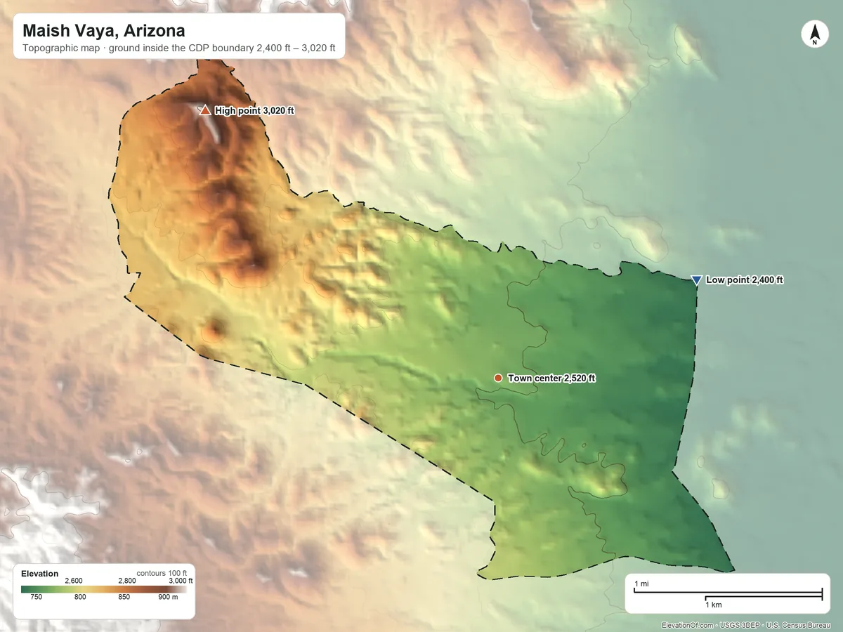 Topographic elevation map of Maish Vaya, Arizona, shaded from 2,400 ft on the northeast side to 3,020 ft at the foot of the Sierra Blanca