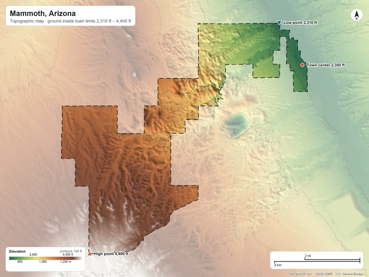 Topographic elevation map of Mammoth, Arizona, shaded from 2,310 ft on the northwest side to 4,400 ft at the foot of the Santa Catalina Mountains