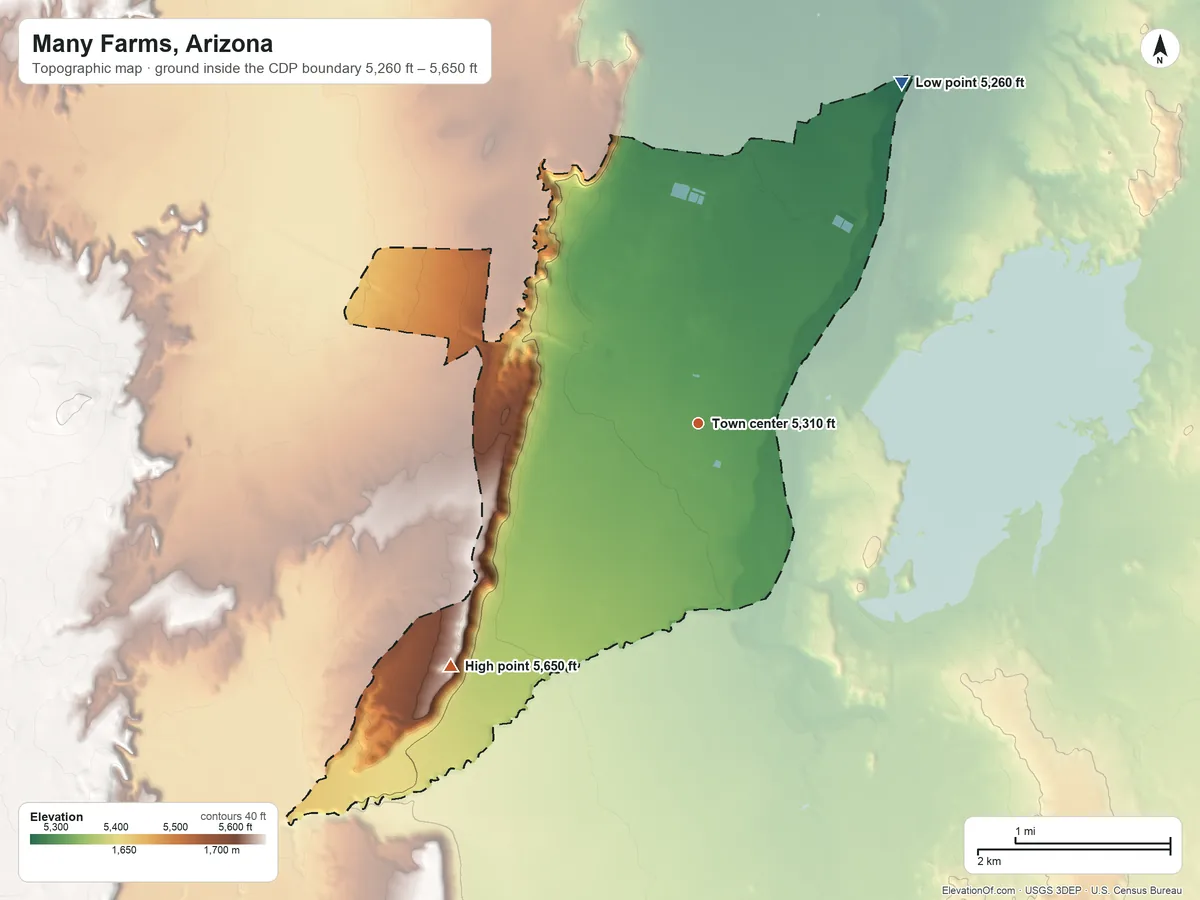 Topographic elevation map of Many Farms, Arizona, shaded from 5,260 ft on the northeast side to 5,650 ft on the southwest side