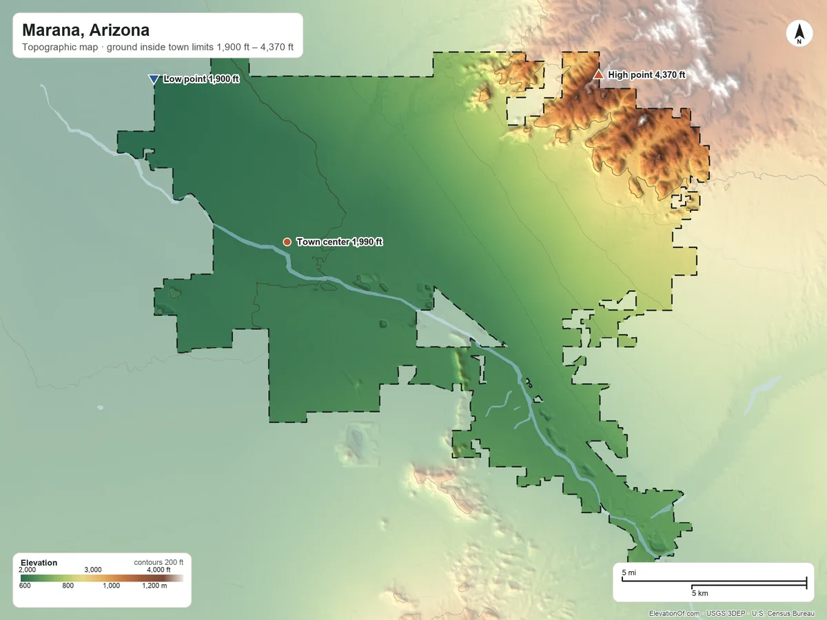 Topographic elevation map of Marana, Arizona, shaded from 1,900 ft on the northwest side to 4,370 ft on the northeast side