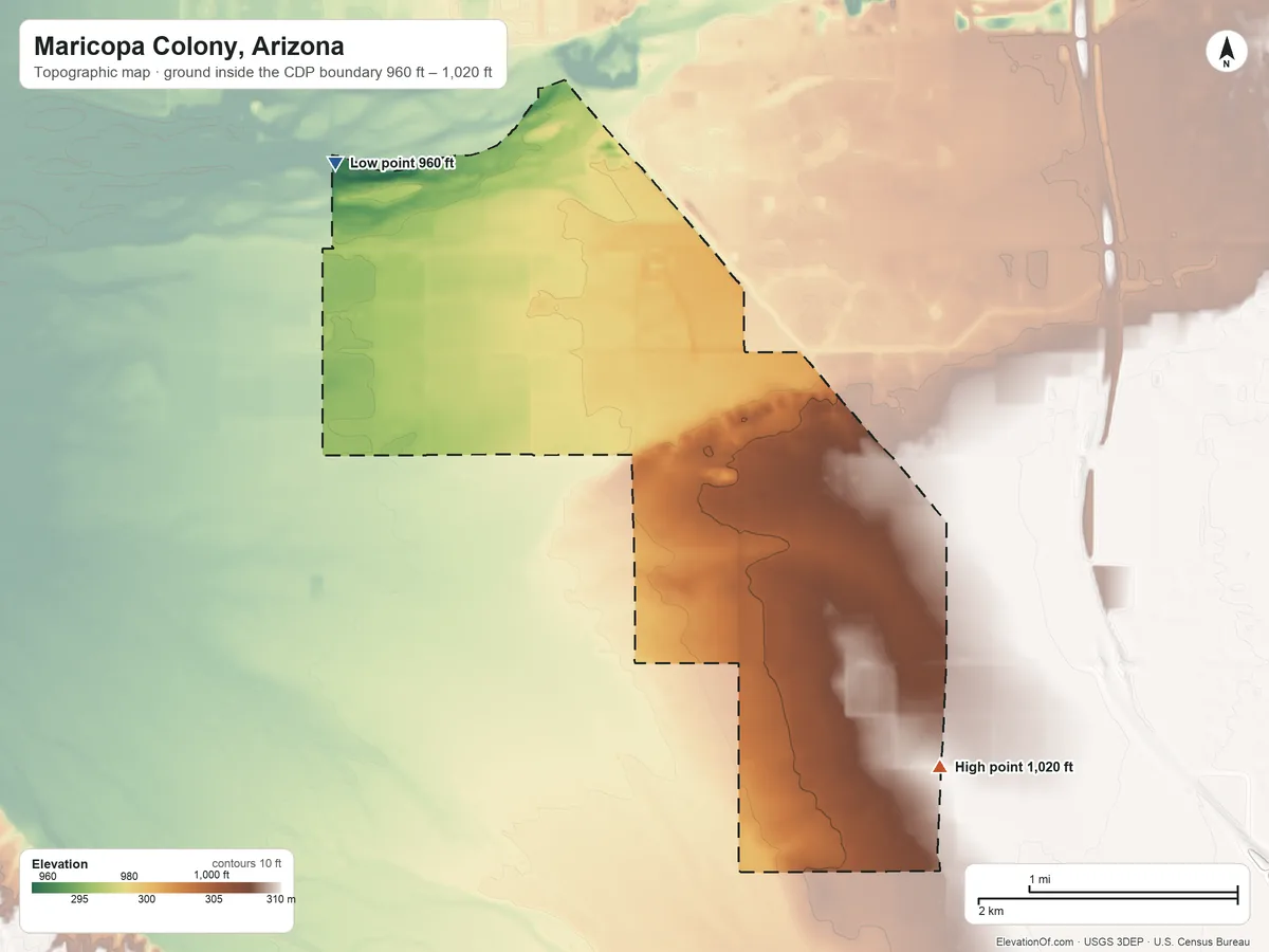 Topographic elevation map of Maricopa Colony, Arizona, shaded from 960 ft on the northwest side to 1,020 ft on the southeast side
