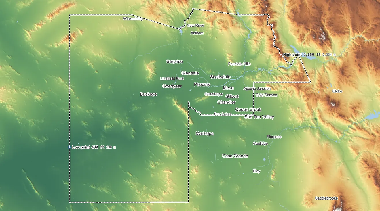 Topographic elevation map of Maricopa County, Arizona, shaded from 430 ft on the west side to 7,659 ft on Four Peaks
