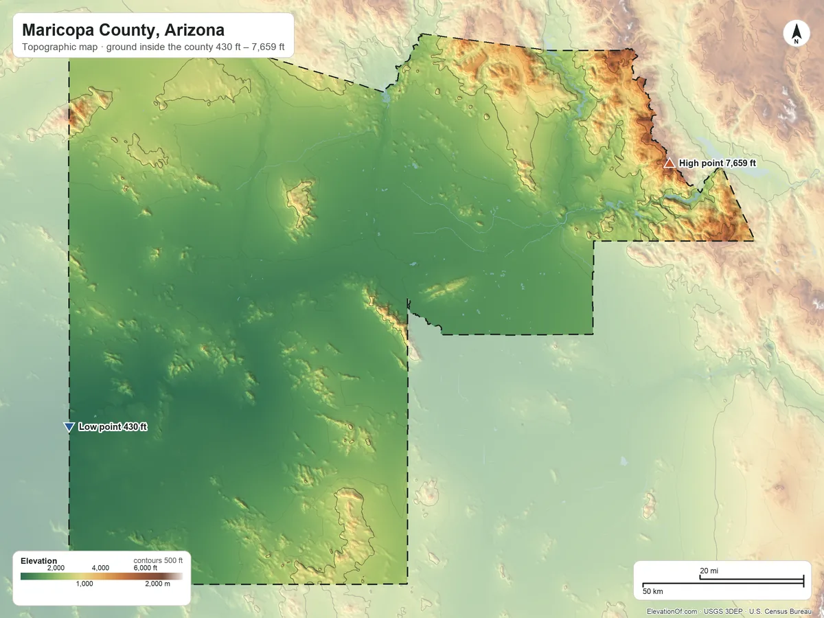 Topographic elevation map of Maricopa County, Arizona, shaded from 430 ft on the west side to 7,659 ft on Four Peaks
