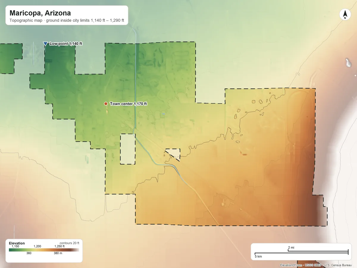 Topographic elevation map of Maricopa, Arizona, shaded from 1,140 ft on the northwest side to 1,290 ft on the southeast side