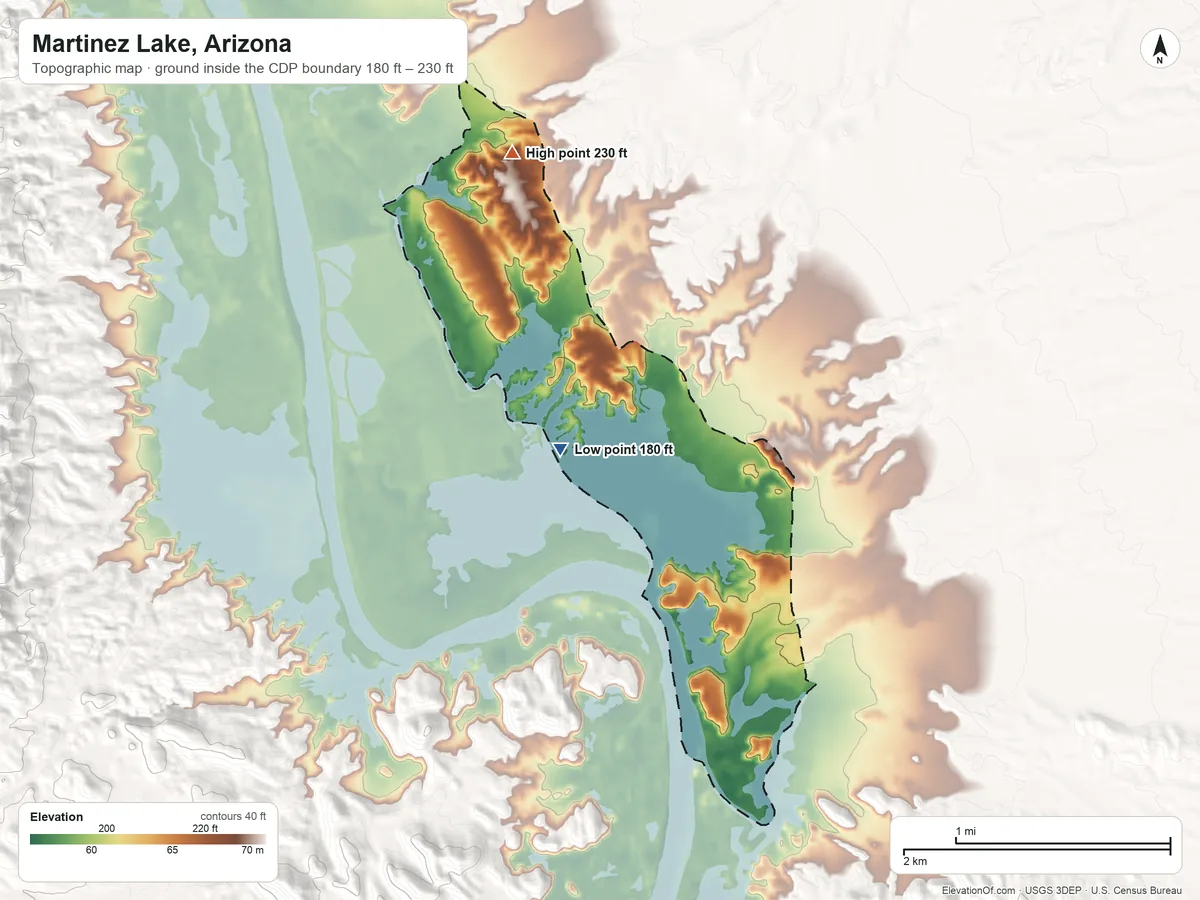 Topographic elevation map of Martinez Lake, Arizona, shaded from 180 ft on the northwest side to 230 ft on the north side