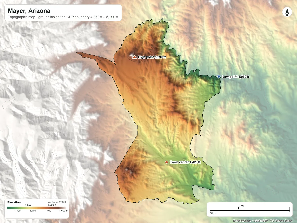 Topographic elevation map of Mayer, Arizona, shaded from 4,060 ft on the northeast side to 5,290 ft at the foot of the Bradshaw Mountains