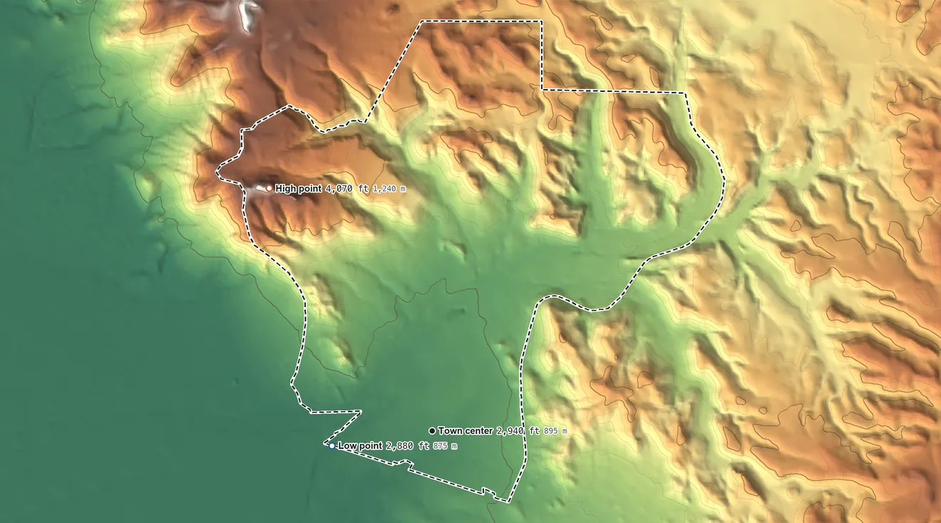 Topographic elevation map of McConnico, Arizona, shaded from 2,880 ft on the west side to 4,070 ft on the northwest side