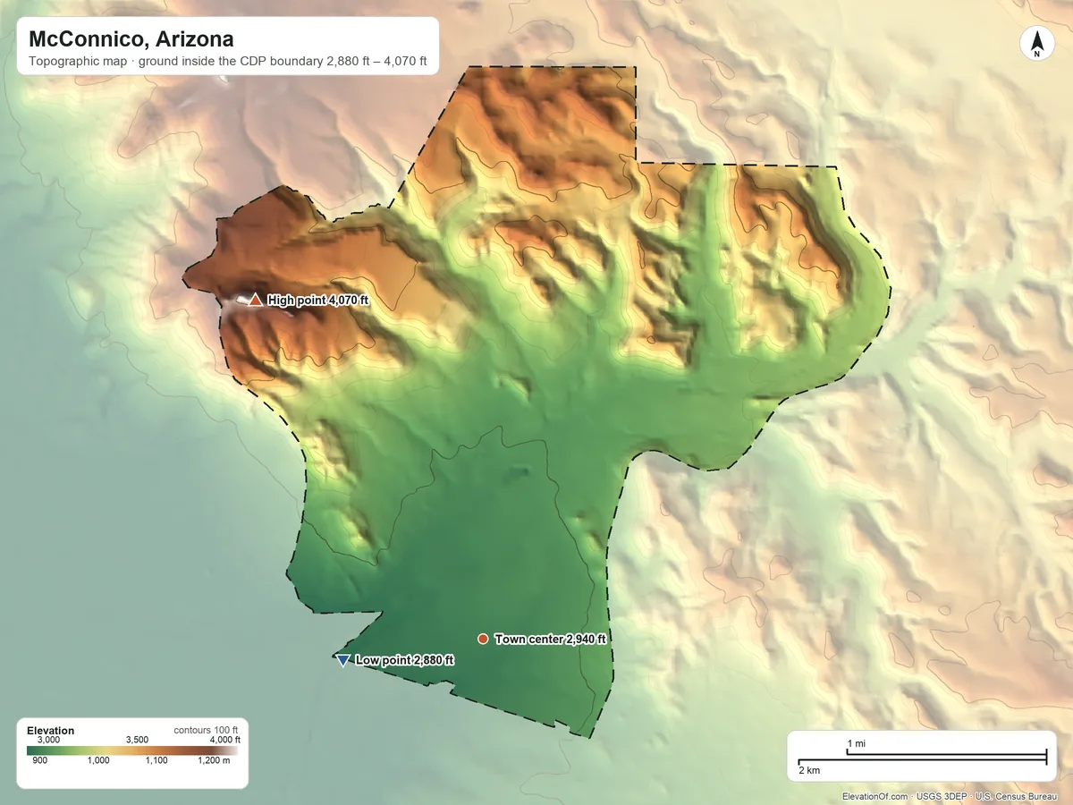 Topographic elevation map of McConnico, Arizona, shaded from 2,880 ft on the west side to 4,070 ft on the northwest side