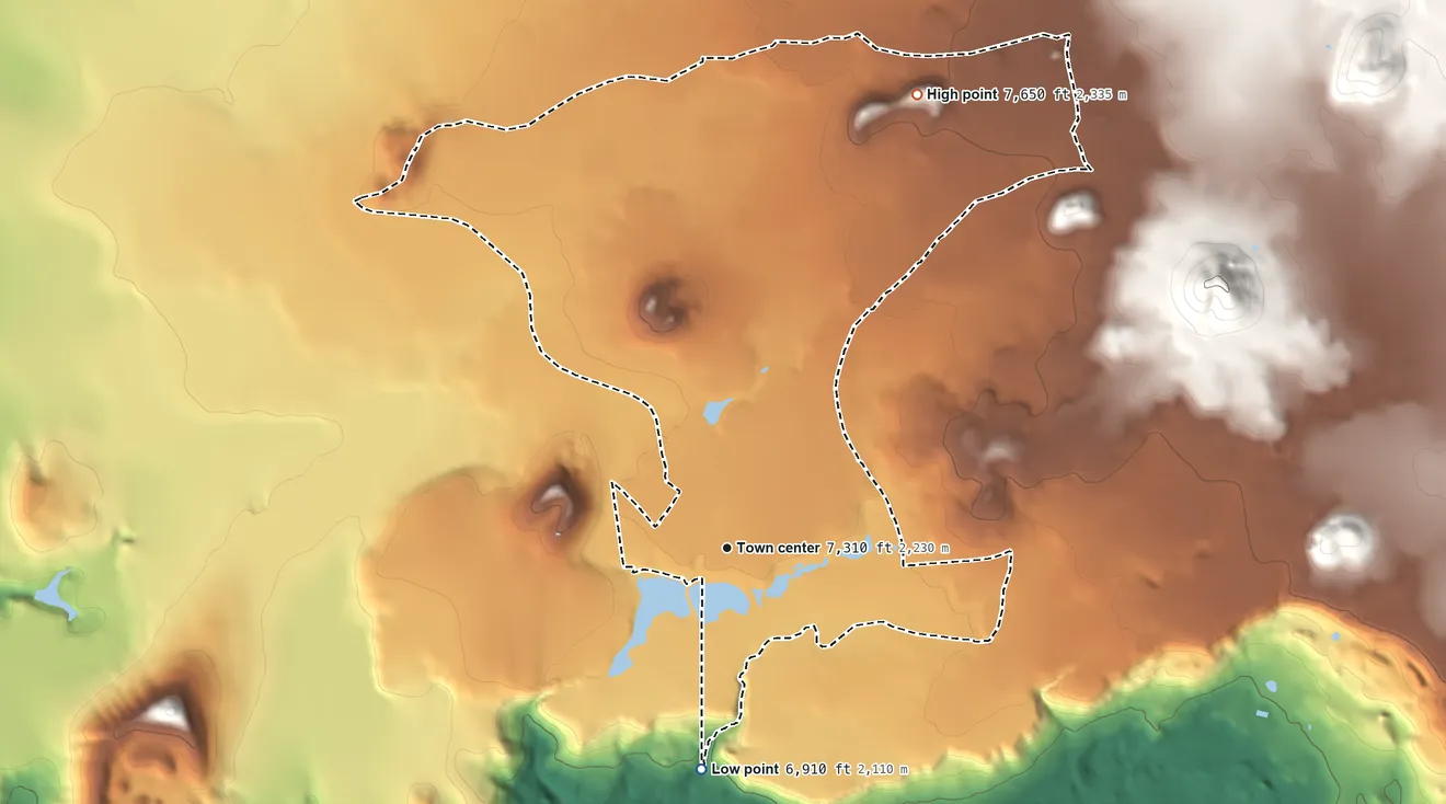 Topographic elevation map of McNary, Arizona, shaded from 6,910 ft on the south side to 7,650 ft at the foot of the White Mountains
