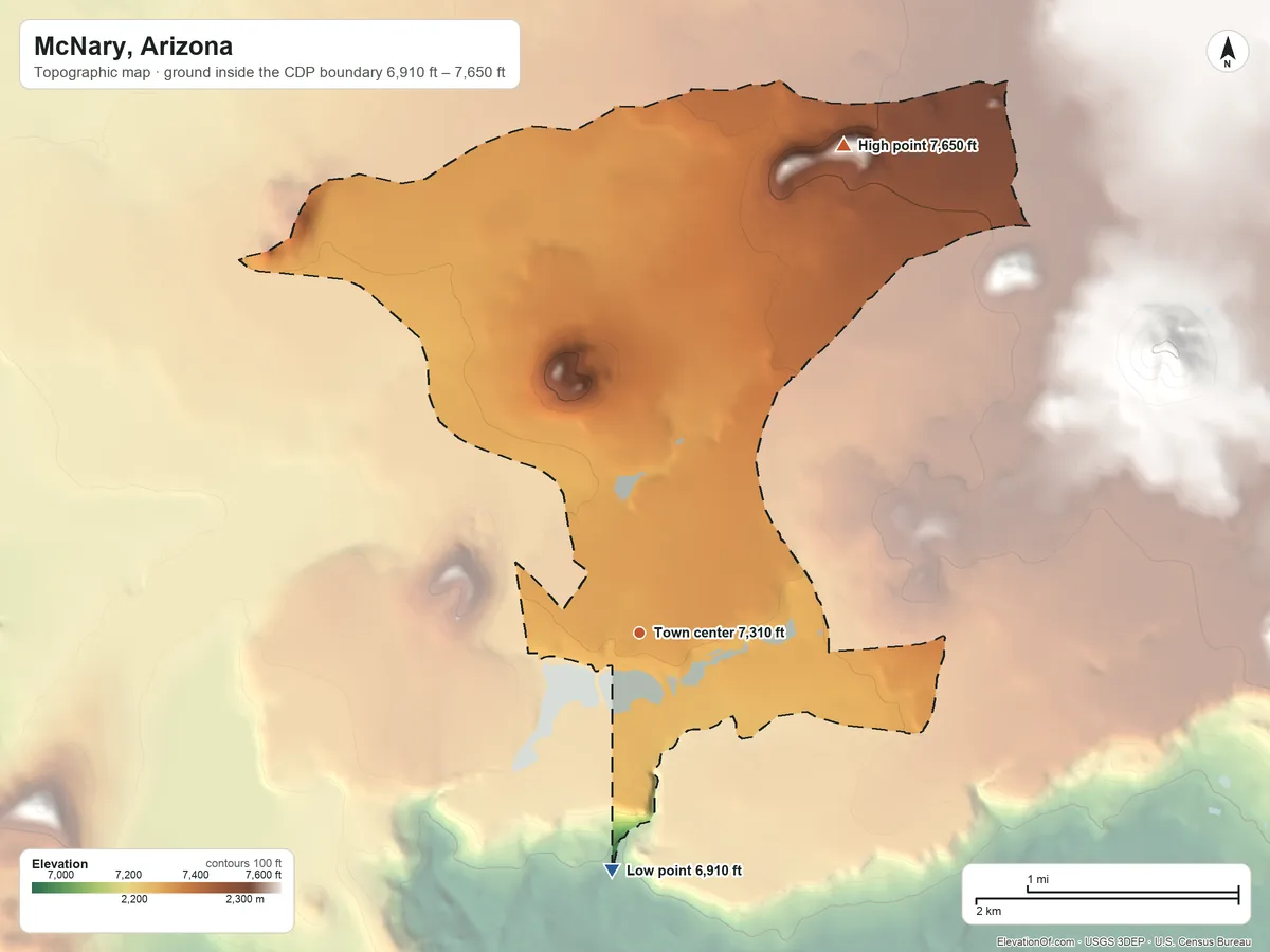 Topographic elevation map of McNary, Arizona, shaded from 6,910 ft on the south side to 7,650 ft at the foot of the White Mountains