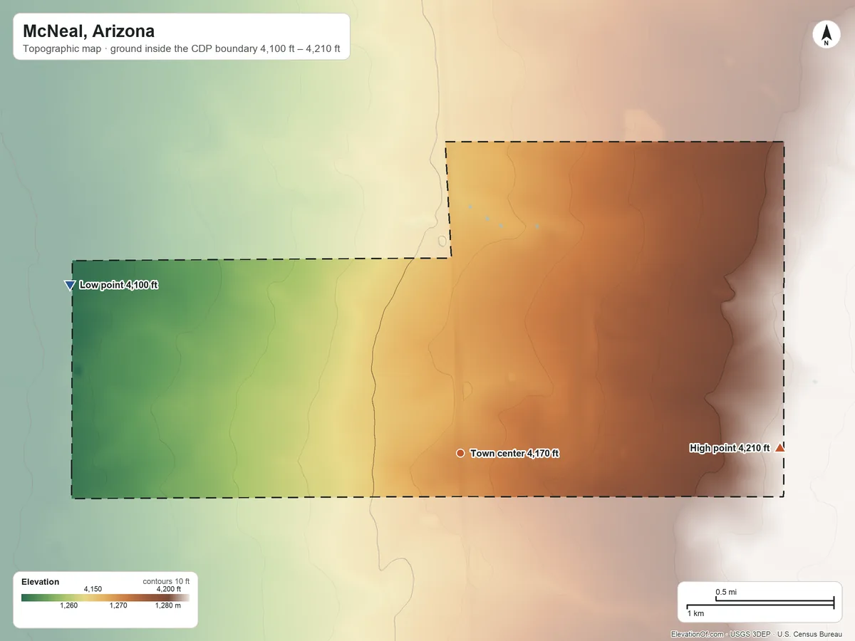 Topographic elevation map of McNeal, Arizona, shaded from 4,100 ft on the northwest side to 4,210 ft on the east side