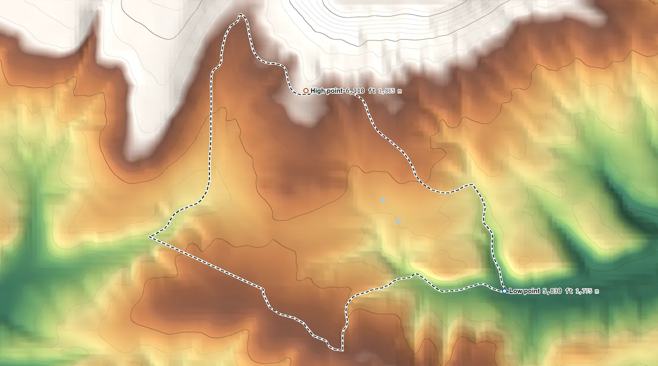 Topographic elevation map of Mead Ranch, Arizona, shaded from 5,830 ft on the southeast side to 6,110 ft at the foot of the Green Valley Hills