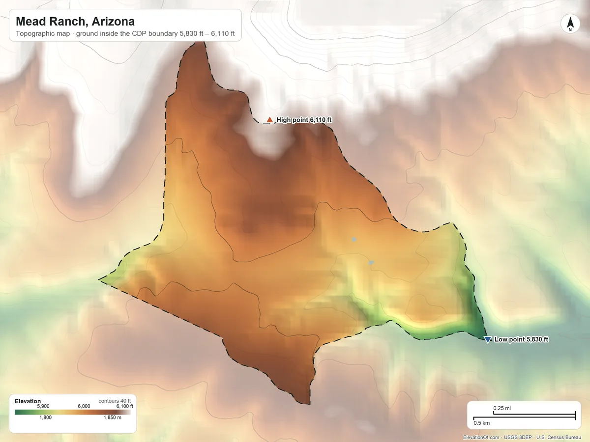 Topographic elevation map of Mead Ranch, Arizona, shaded from 5,830 ft on the southeast side to 6,110 ft at the foot of the Green Valley Hills