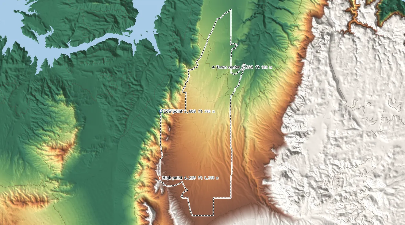 Topographic elevation map of Meadview, Arizona, shaded from 2,600 ft on the southwest side to 4,210 ft on the southwest edge, below higher ground just outside