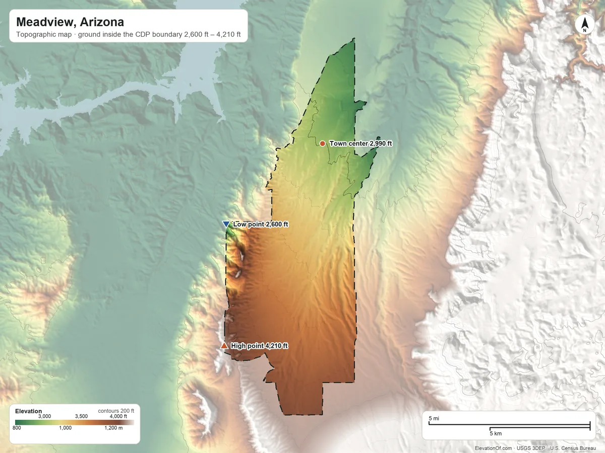 Topographic elevation map of Meadview, Arizona, shaded from 2,600 ft on the southwest side to 4,210 ft on the southwest edge, below higher ground just outside