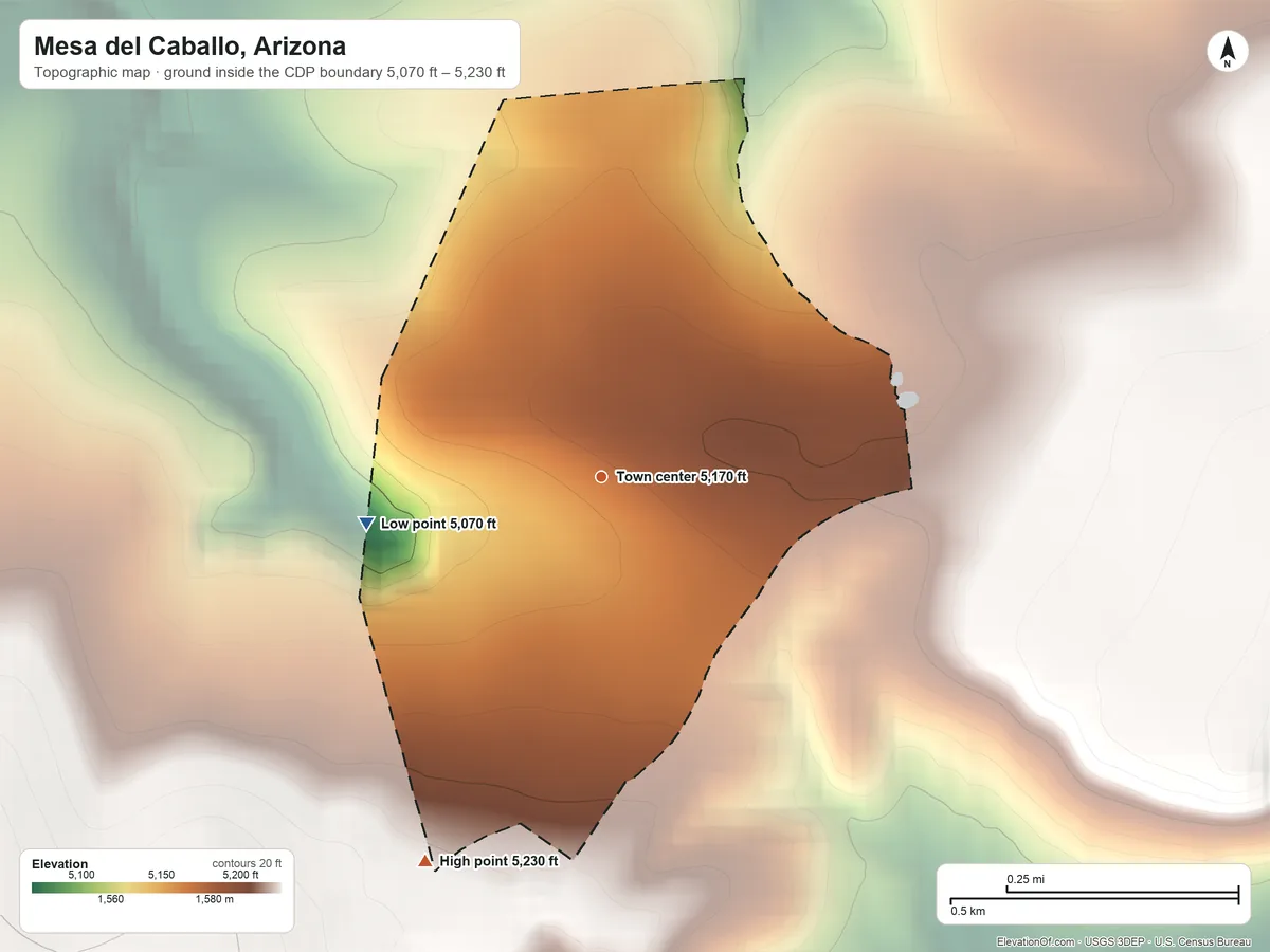 Topographic elevation map of Mesa del Caballo, Arizona, shaded from 5,070 ft on the west side to 5,230 ft on the southwest side