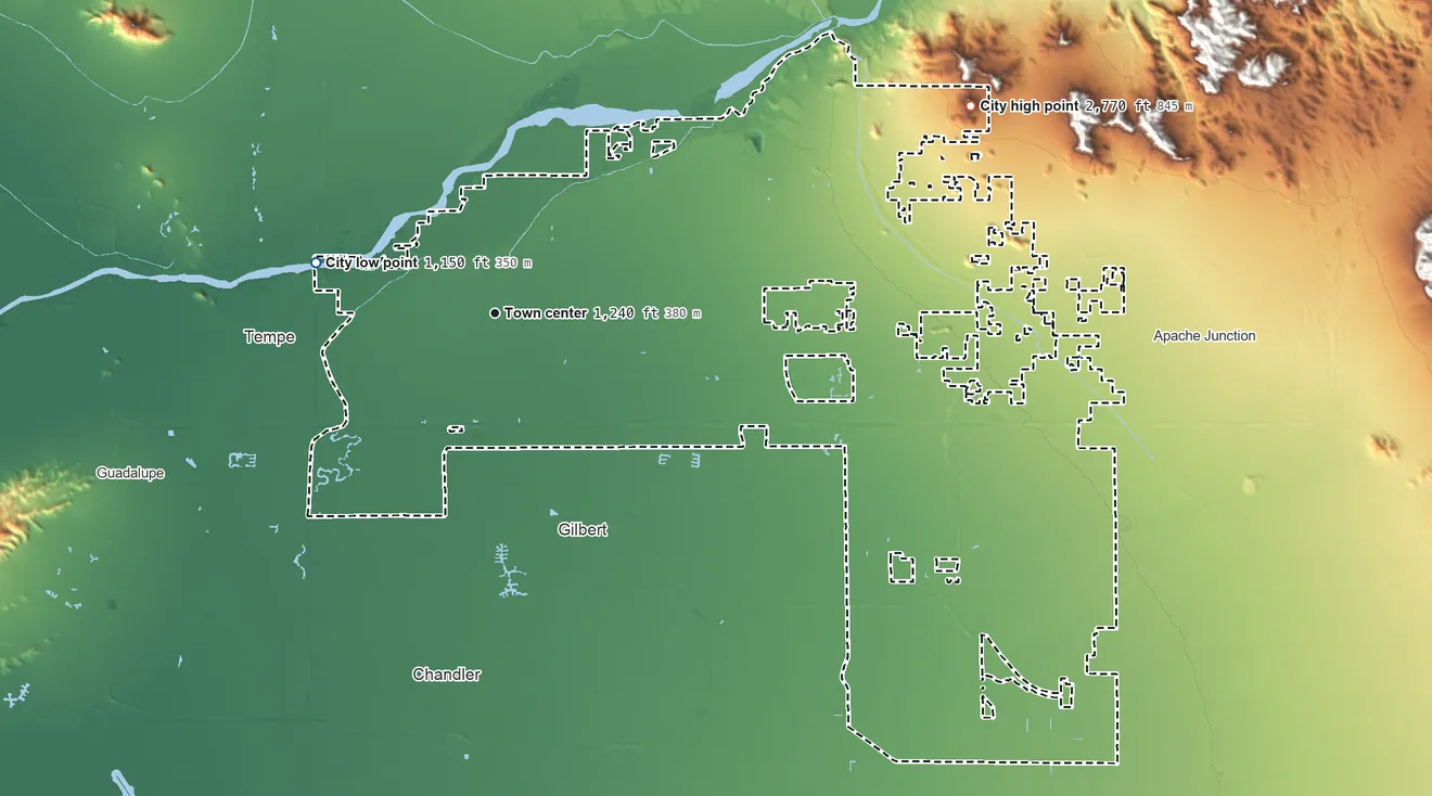 Topographic elevation map of Mesa, Arizona, shaded from 1,150 ft on the west side to 2,770 ft on the northeast side