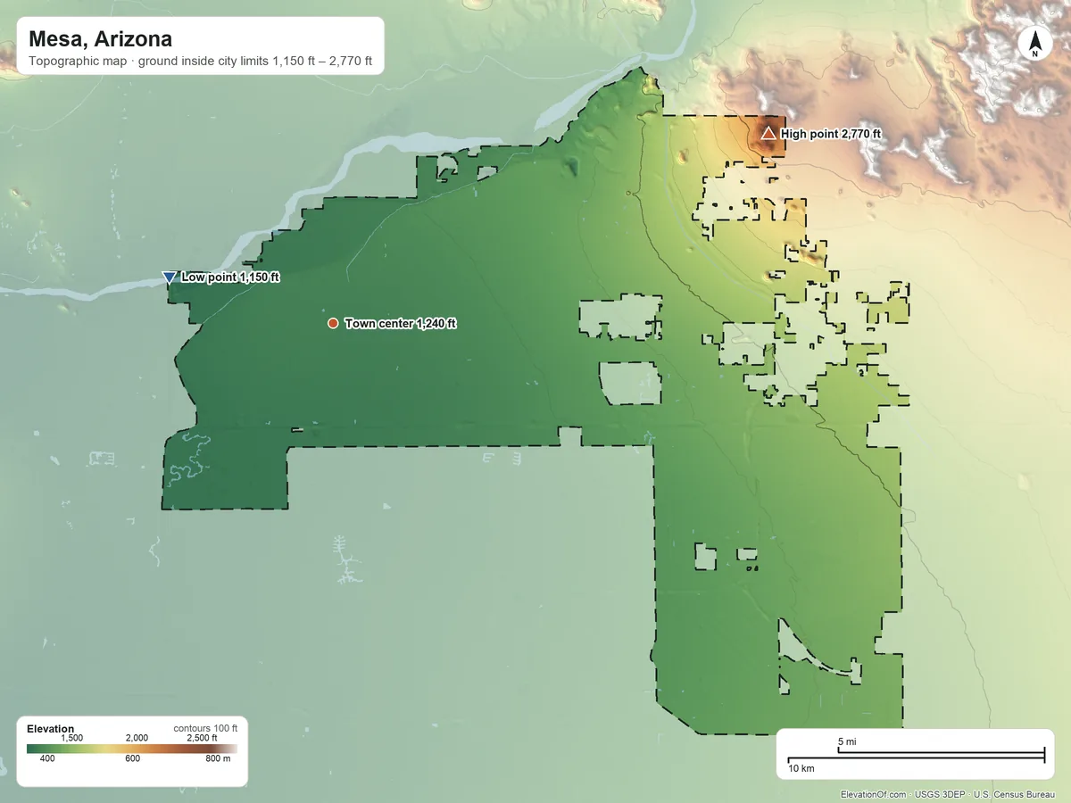 Topographic elevation map of Mesa, Arizona, shaded from 1,150 ft on the west side to 2,770 ft on the northeast side