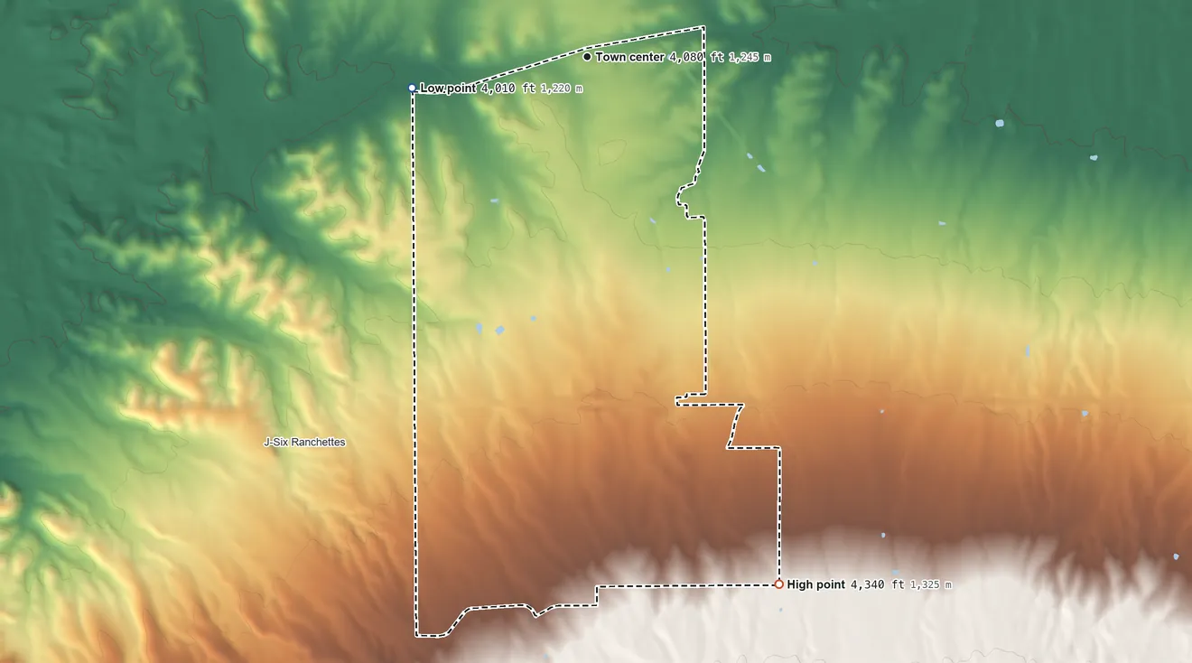 Topographic elevation map of Mescal, Arizona, shaded from 4,010 ft on the west side to 4,340 ft on the south side