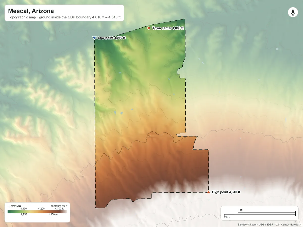 Topographic elevation map of Mescal, Arizona, shaded from 4,010 ft on the west side to 4,340 ft on the south side