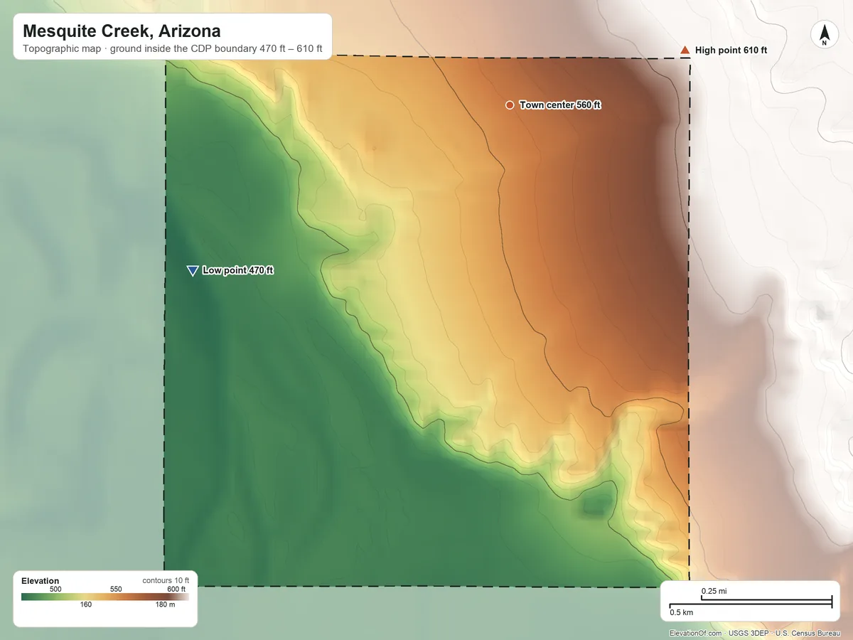 Topographic elevation map of Mesquite Creek, Arizona, shaded from 470 ft on the southwest side to 610 ft on the east side