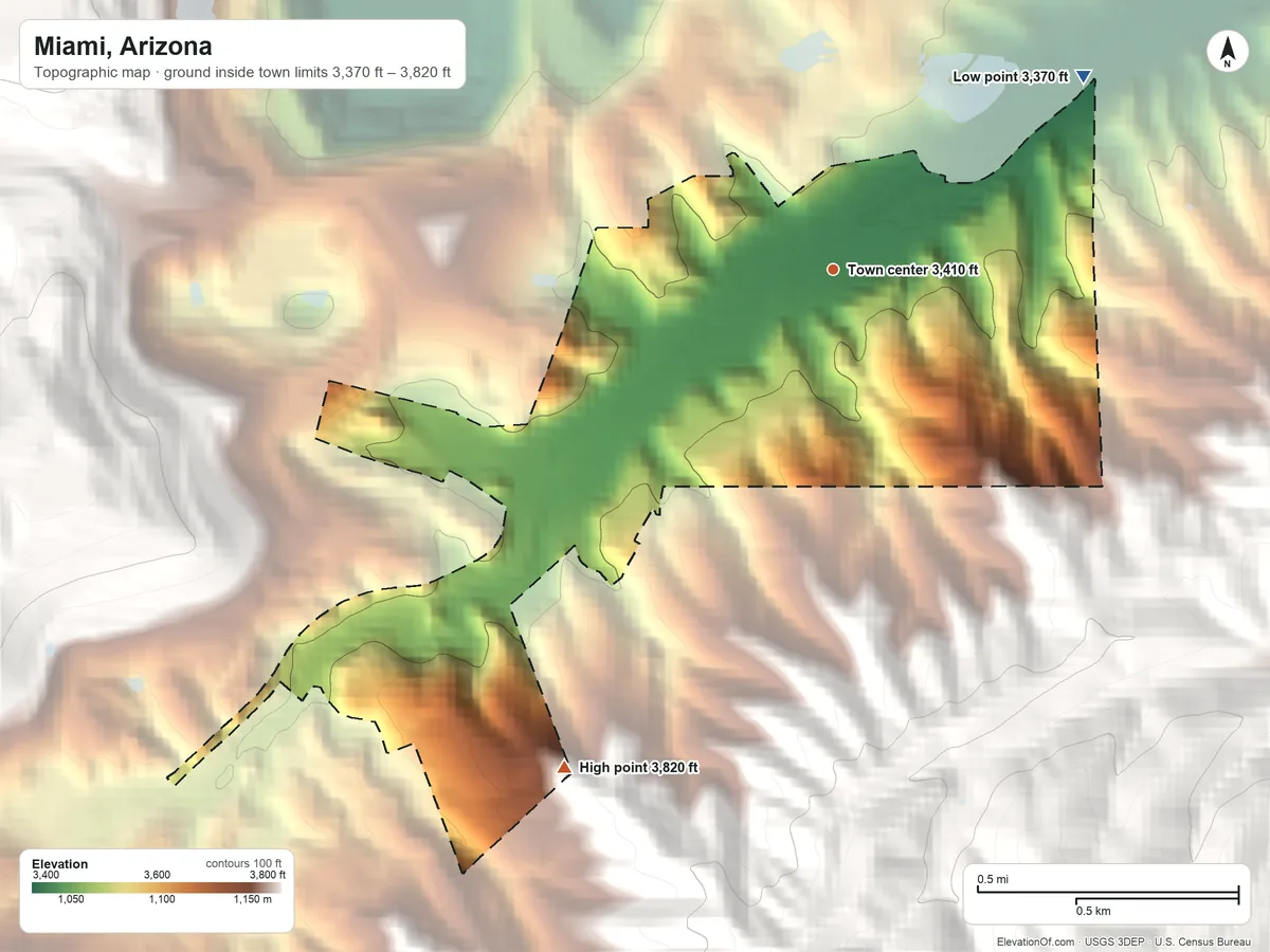 Topographic elevation map of Miami, Arizona, shaded from 3,370 ft on the northeast side to 3,820 ft at the foot of the Globe Hills