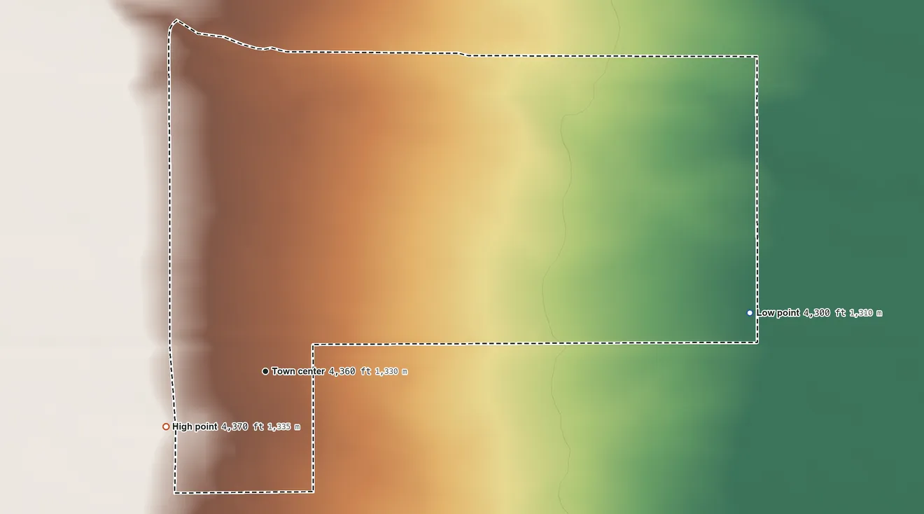 Topographic elevation map of Miracle Valley, Arizona, shaded from 4,300 ft on the east side to 4,370 ft on the southwest side