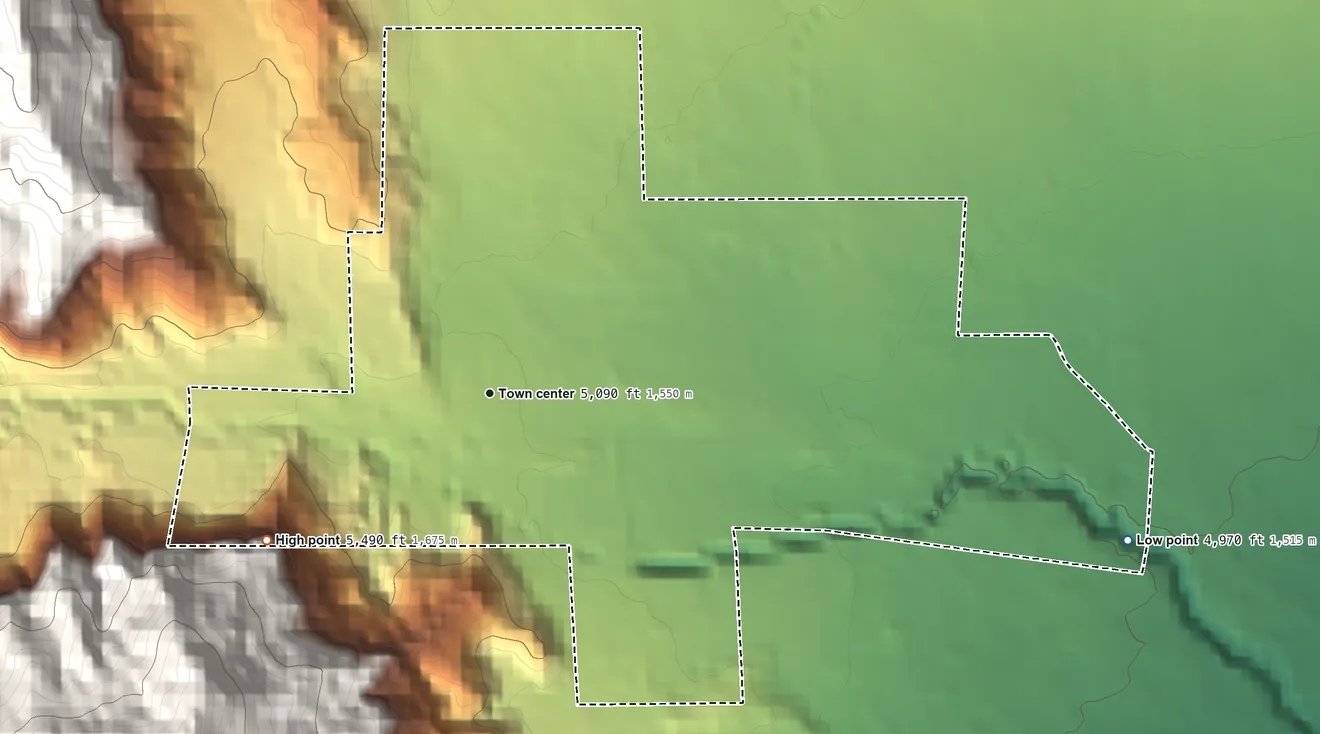 Topographic elevation map of Moccasin, Arizona, shaded from 4,970 ft on the east side to 5,490 ft at the foot of the Moccasin Mountains