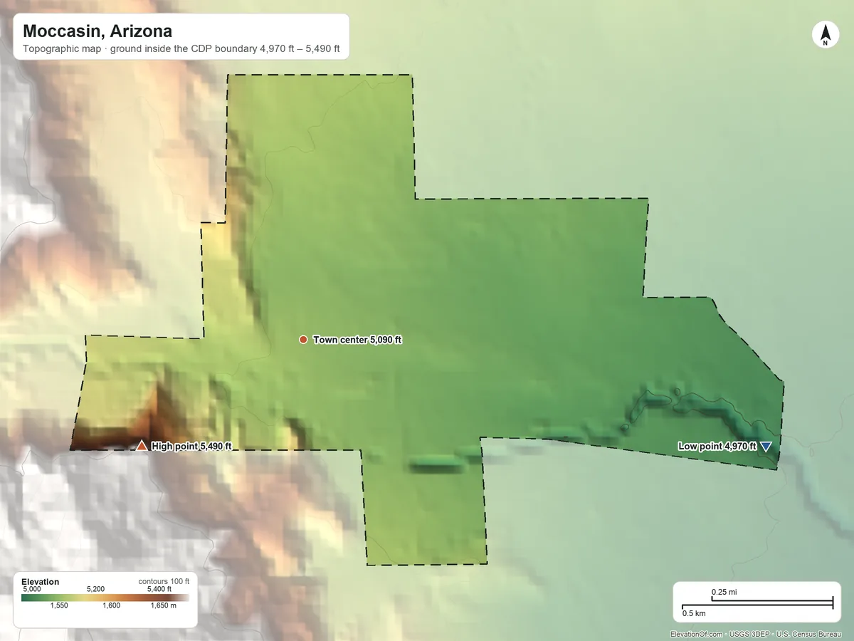 Topographic elevation map of Moccasin, Arizona, shaded from 4,970 ft on the east side to 5,490 ft at the foot of the Moccasin Mountains