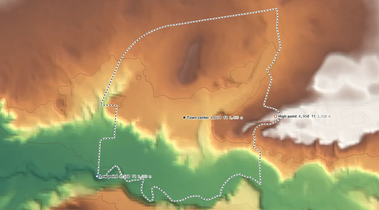 Topographic elevation map of Moenkopi, Arizona, shaded from 4,580 ft on the southwest side to 4,950 ft on the east side