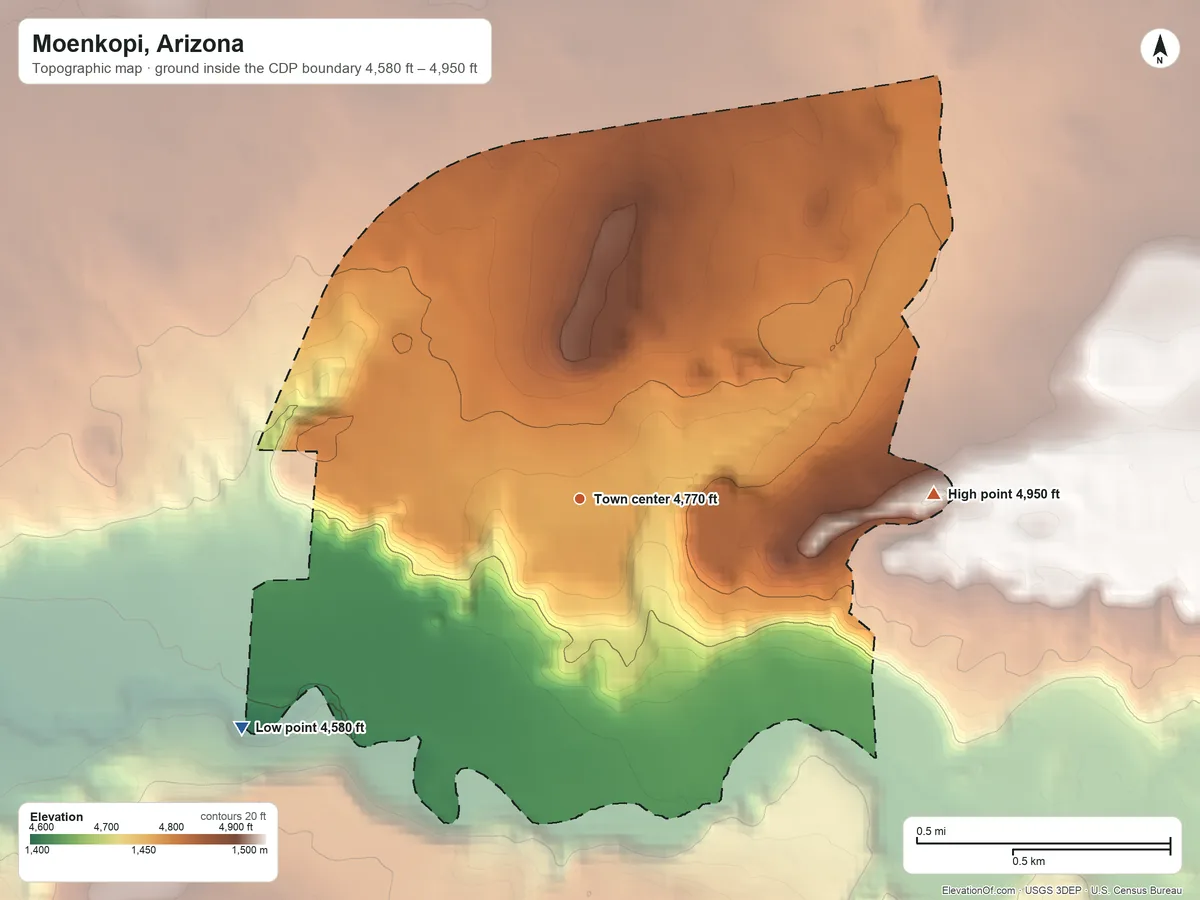 Topographic elevation map of Moenkopi, Arizona, shaded from 4,580 ft on the southwest side to 4,950 ft on the east side