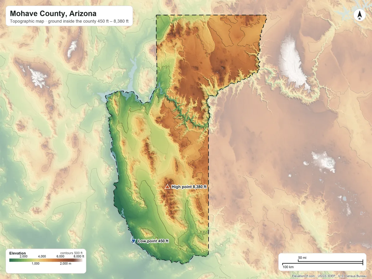 Topographic elevation map of Mohave County, Arizona, shaded from 450 ft on the southwest side to 8,380 ft on Hualapai Peak