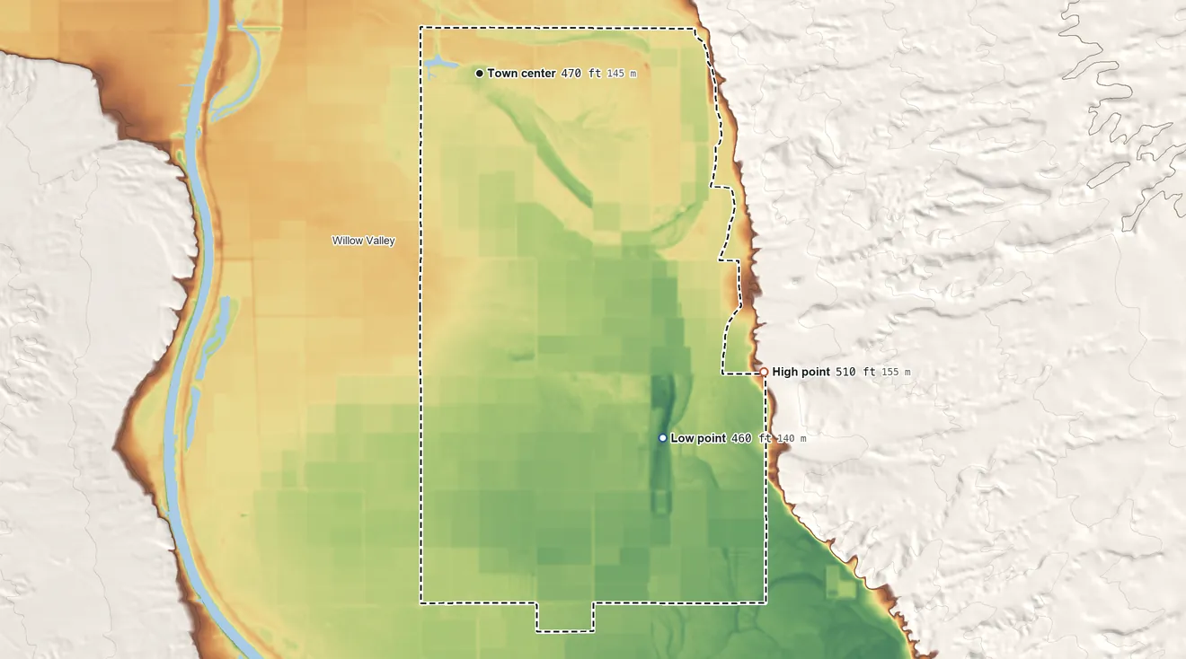 Topographic elevation map of Mohave Valley, Arizona, shaded from 460 ft on the southeast side to 510 ft at the foot of the Ute Mountains
