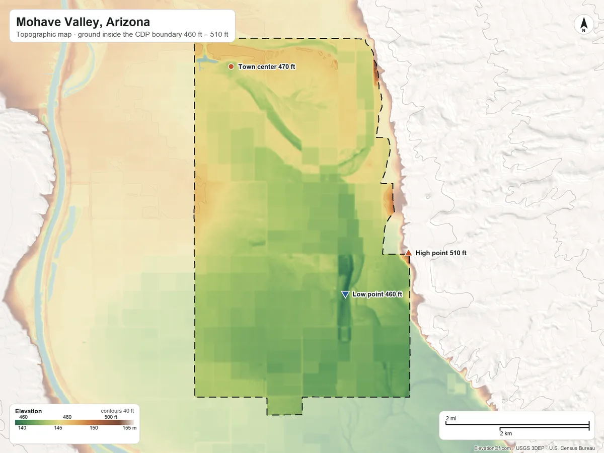 Topographic elevation map of Mohave Valley, Arizona, shaded from 460 ft on the southeast side to 510 ft at the foot of the Ute Mountains
