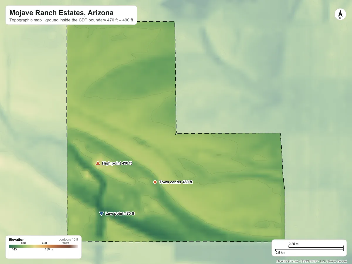Topographic elevation map of Mojave Ranch Estates, Arizona, shaded from 470 ft on the southwest side to 490 ft on the west side