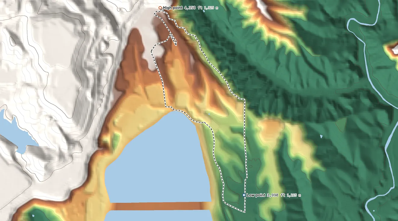 Topographic elevation map of Morenci, Arizona, shaded from 3,990 ft on the south side to 4,350 ft on the northwest edge, below higher ground just outside