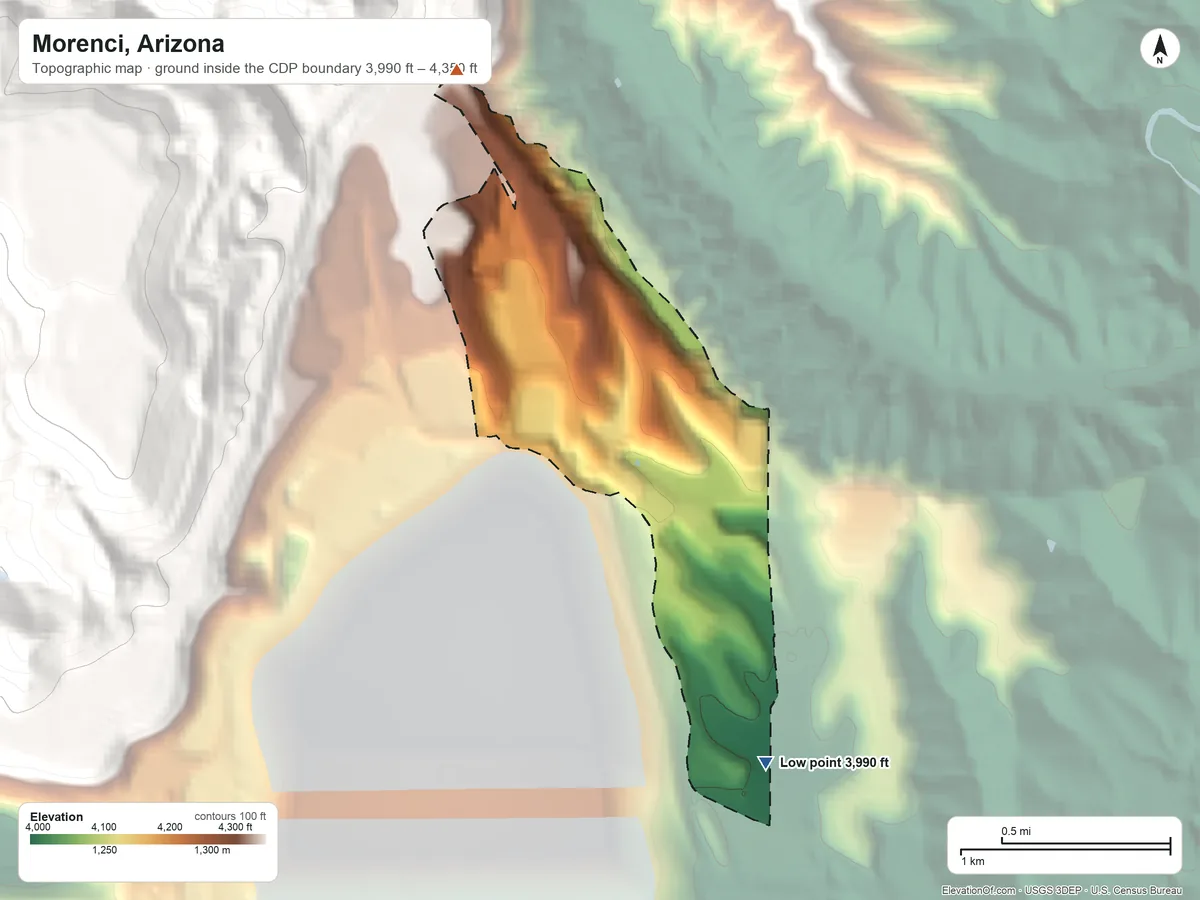 Topographic elevation map of Morenci, Arizona, shaded from 3,990 ft on the south side to 4,350 ft on the northwest edge, below higher ground just outside