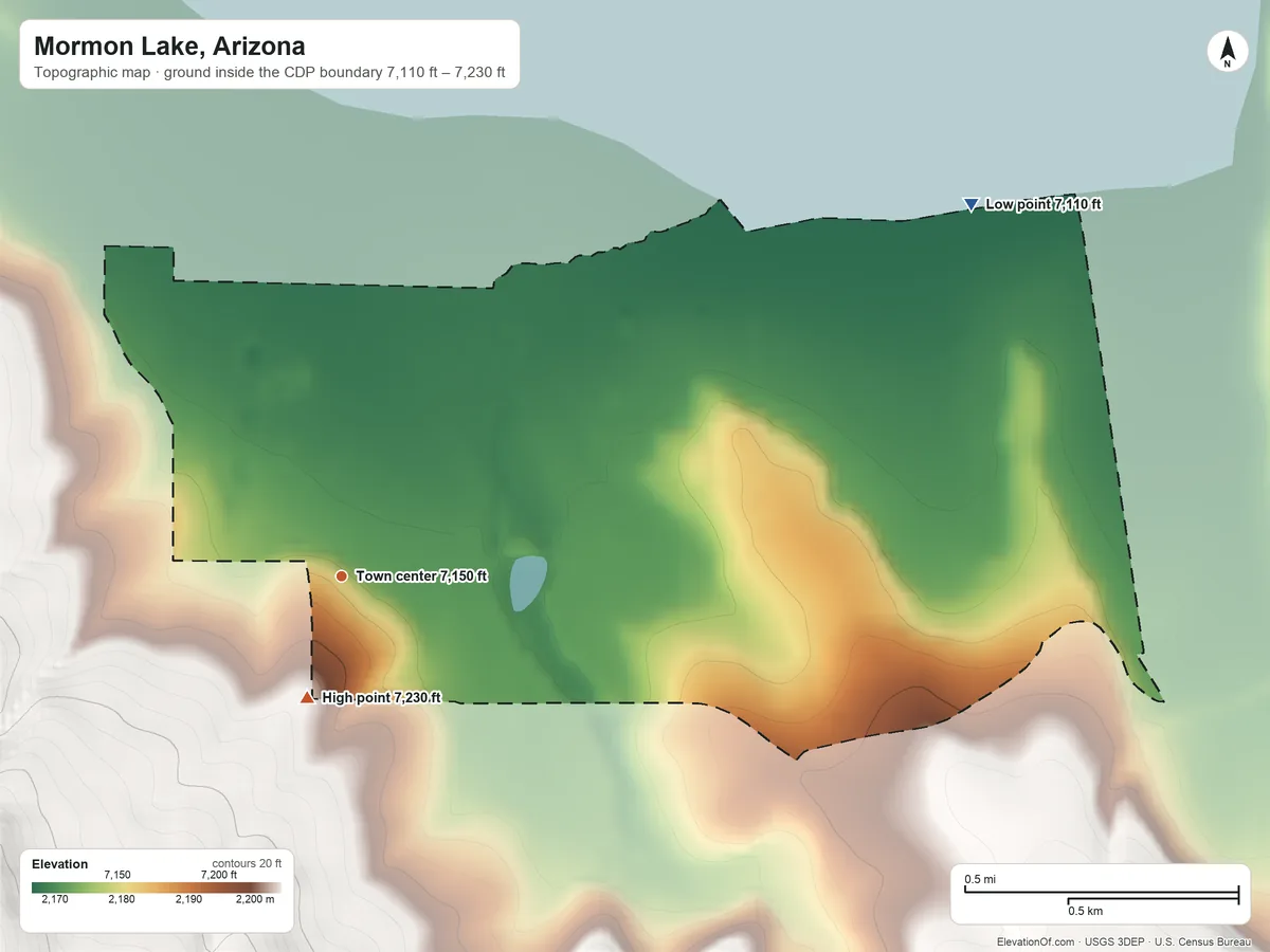 Topographic elevation map of Mormon Lake, Arizona, shaded from 7,110 ft on the northeast side to 7,230 ft on the south edge, below higher ground just outside