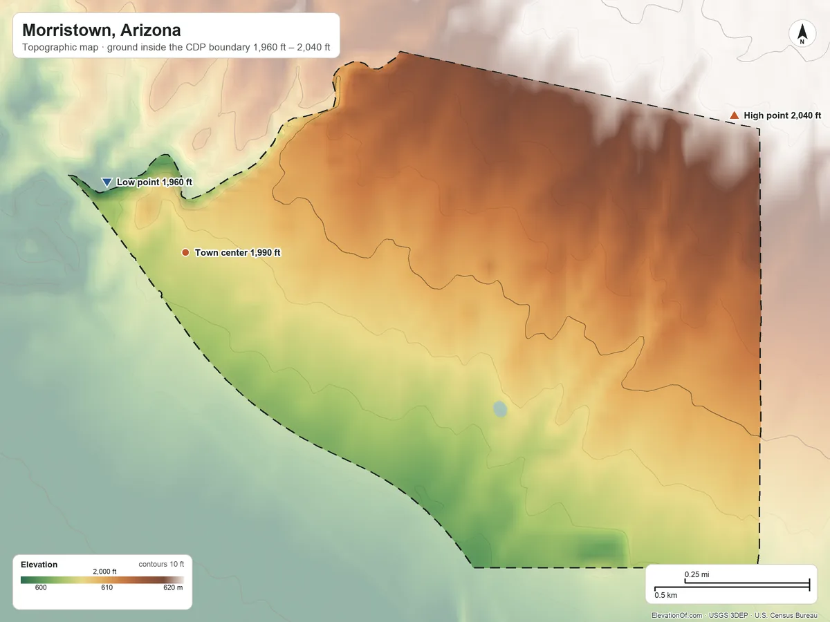 Topographic elevation map of Morristown, Arizona, shaded from 1,960 ft on the northwest side to 2,040 ft at the foot of the Hieroglyphic Mountains