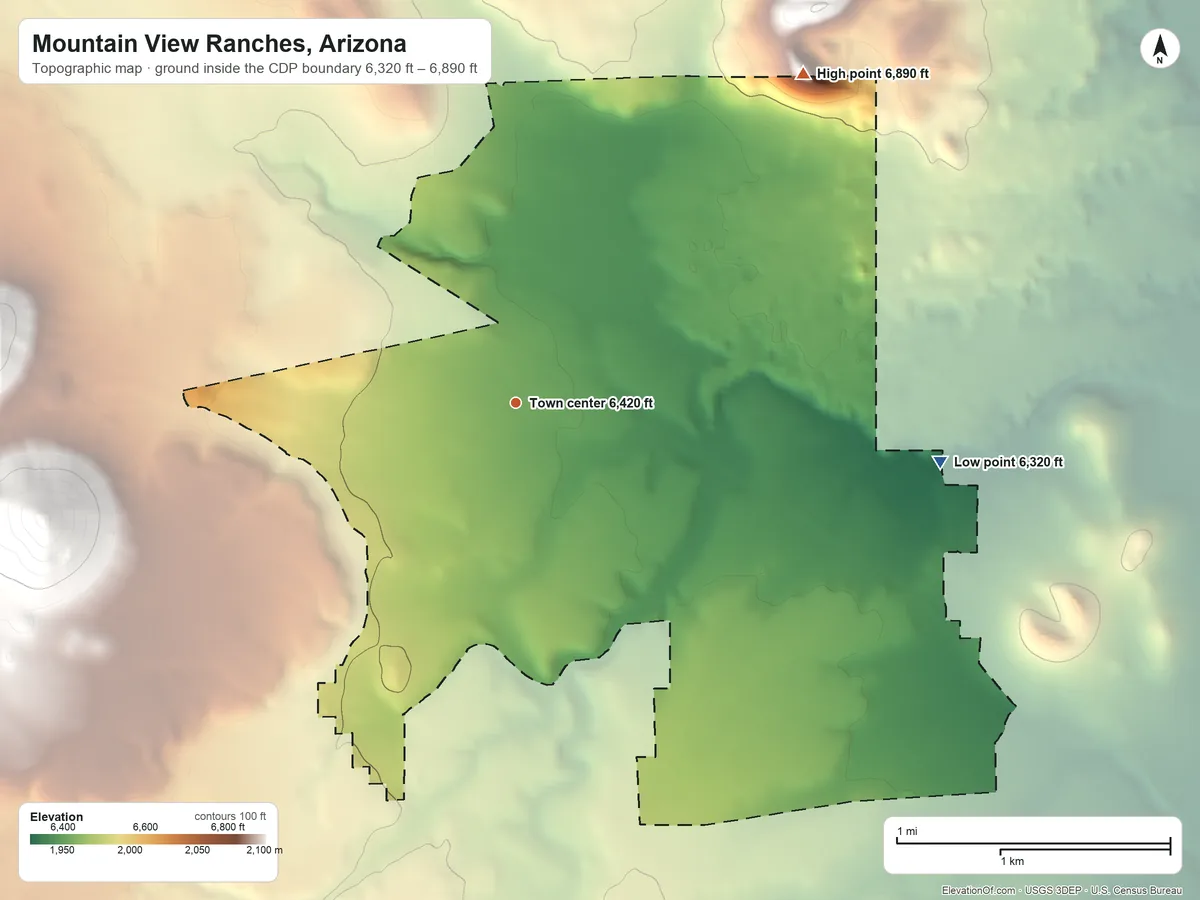 Topographic elevation map of Mountain View Ranches, Arizona, shaded from 6,320 ft on the east side to 6,890 ft on the northeast side