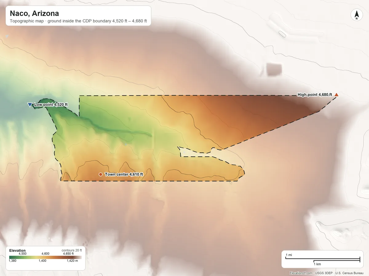Topographic elevation map of Naco, Arizona, shaded from 4,520 ft on the northwest side to 4,680 ft on the east side
