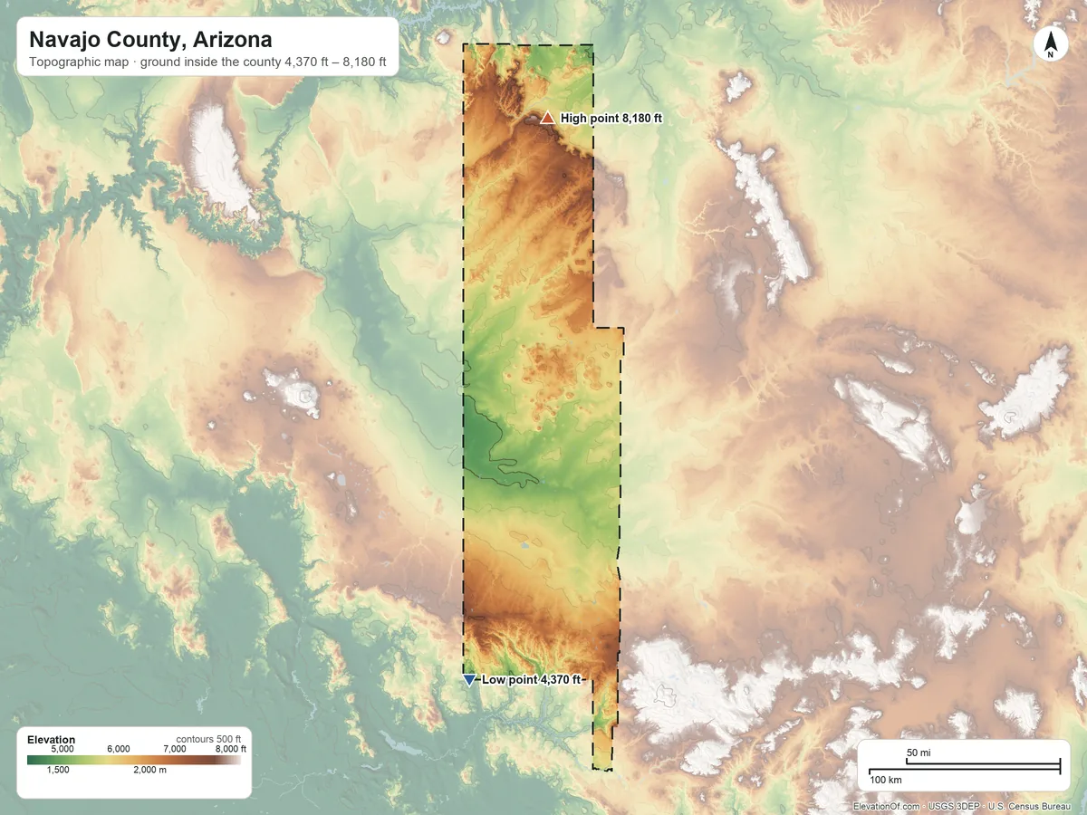Topographic elevation map of Navajo County, Arizona, shaded from 4,370 ft on the south side to 8,180 ft on the north side