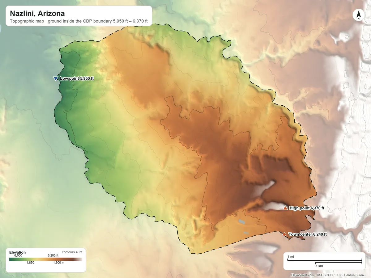 Topographic elevation map of Nazlini, Arizona, shaded from 5,950 ft on the northwest side to 6,370 ft on the north edge, below higher ground just outside