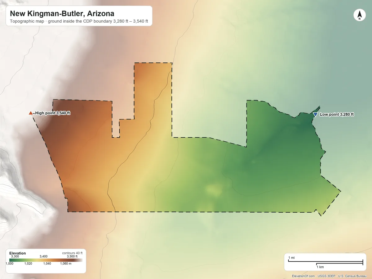 Topographic elevation map of New Kingman-Butler, Arizona, shaded from 3,280 ft on the east side to 3,540 ft at the foot of the Peacock Mountains