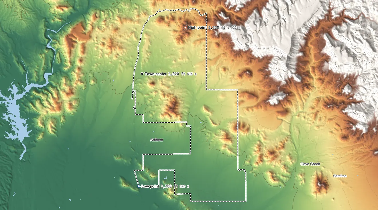 Topographic elevation map of New River, Arizona, shaded from 1,700 ft on the south side to 3,330 ft on the northeast side
