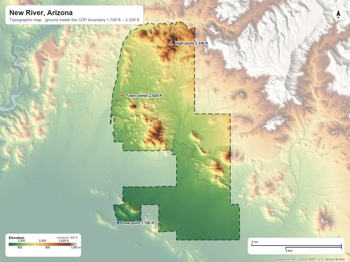 Topographic elevation map of New River, Arizona, shaded from 1,700 ft on the south side to 3,330 ft on the northeast side